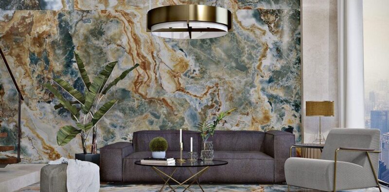 Lastra - placa mare gresie XXL - rectificata Reef, tip marmura, 120x260 cm, culoare albastru-galben, finisaj lucios - imagine 2