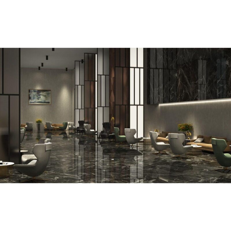 Lastra - placa mare gresie XXL - rectificata Caravaggio Antracit, tip marmura, 120x260 cm, culoare gri inchis, finisaj lucios - imagine 2