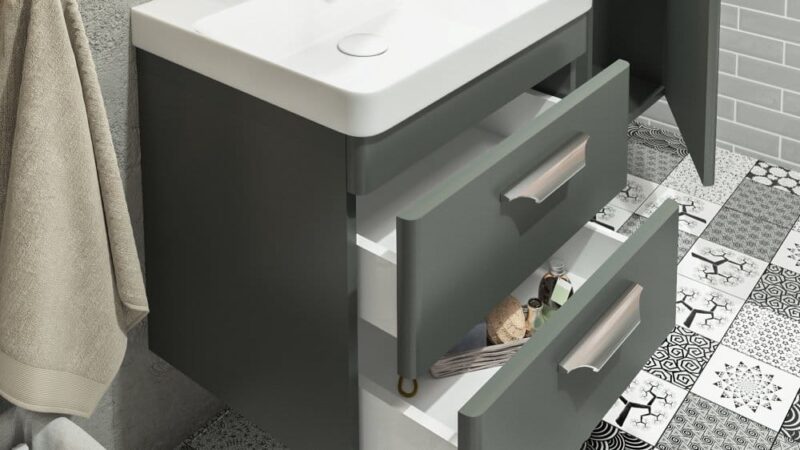 SET MOBILIER BAIE 60CM MARIA WHITE ANTHRACITE +LAVOAR+OGLINDA 3 Set mobilier baie 60cm Maria White - Anthracite cu Lavoar si Oglinda - imagine 4