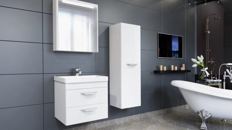 Set mobilier baie 60cm Maria White - Anthracite cu Lavoar si Oglinda - imagine 1