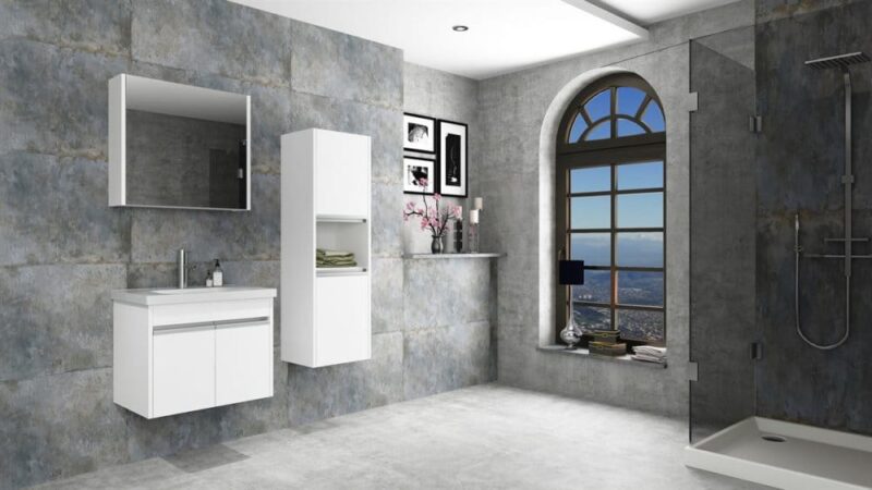Set mobilier baie 65cm Begonya White - Anthracite cu Lavoar si Oglinda - imagine 1
