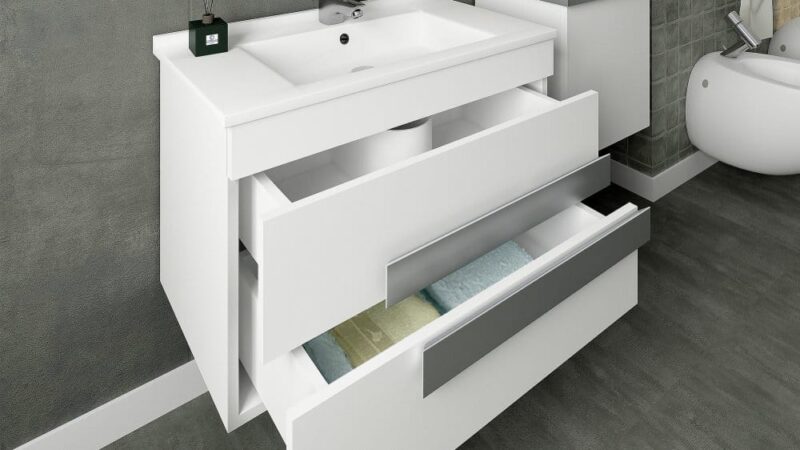 SET MOBILIER BAIE 85CM NEON SILVER WHITE +LAVOAR+OGLINDA 2 Set mobilier baie 85cm Neon Silver White cu Lavoar si Oglinda - imagine 2