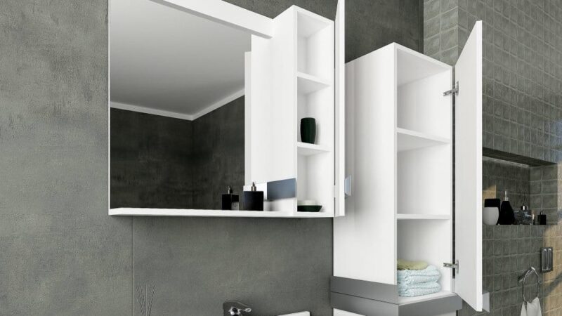 SET MOBILIER BAIE 85CM NEON SILVER WHITE +LAVOAR+OGLINDA 3 Set mobilier baie 85cm Neon Silver White cu Lavoar si Oglinda - imagine 3