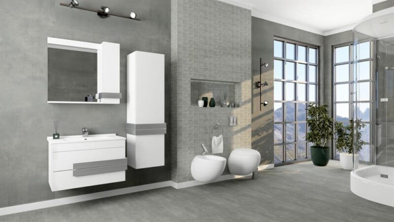 SET MOBILIER BAIE 85CM NEON SILVER WHITE +LAVOAR+OGLINDA Set mobilier baie 85cm Neon Silver White cu Lavoar si Oglinda - imagine 1