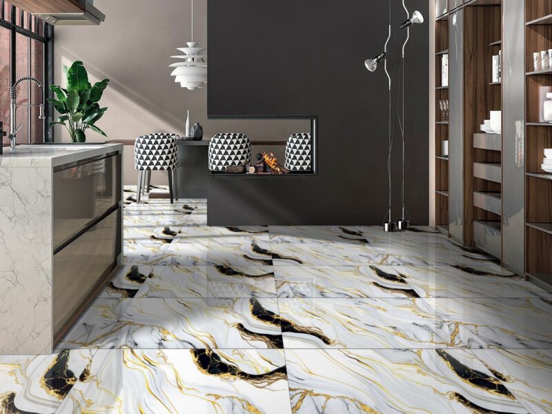 Gresie Cruel Gold 60x120 cm, alb-auriu, model marmura, finisaj lucios - imagine 2